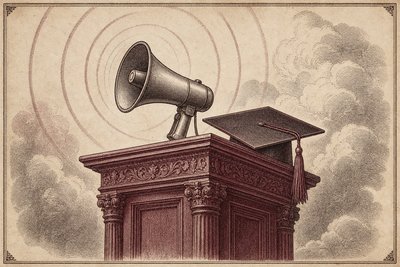 An engraving of a lectern with a megaphone and a graduate's mortarboard cap.